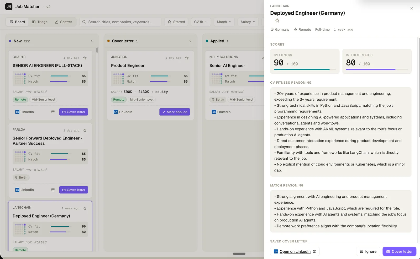 Job Matcher — a Kanban board of job postings with an AI panel scoring a role by CV-fitness and interest-match, with reasoning