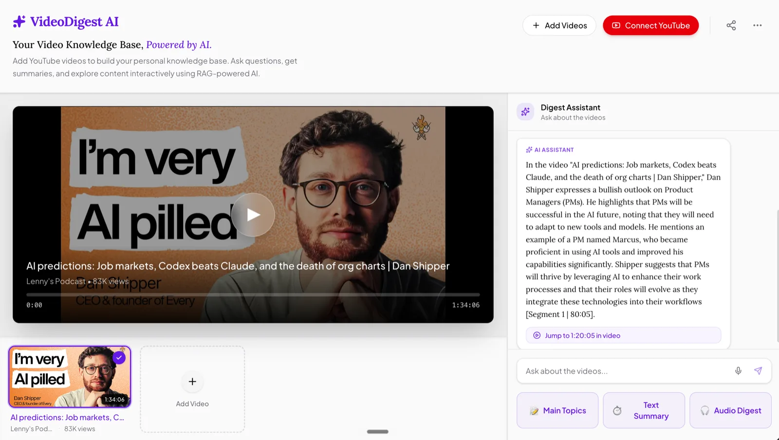 VideoDigest AI — a video knowledge base with an AI assistant answering questions about a YouTube video, with jump-to-timestamp links